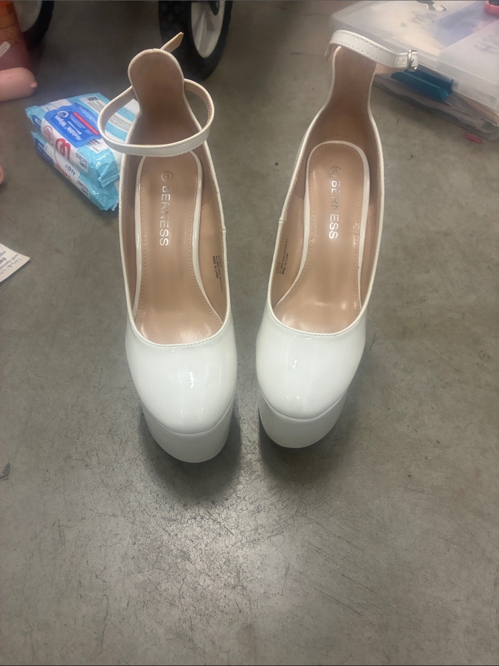 White Patent Platform Mary Jane Heels with Ankle Strap